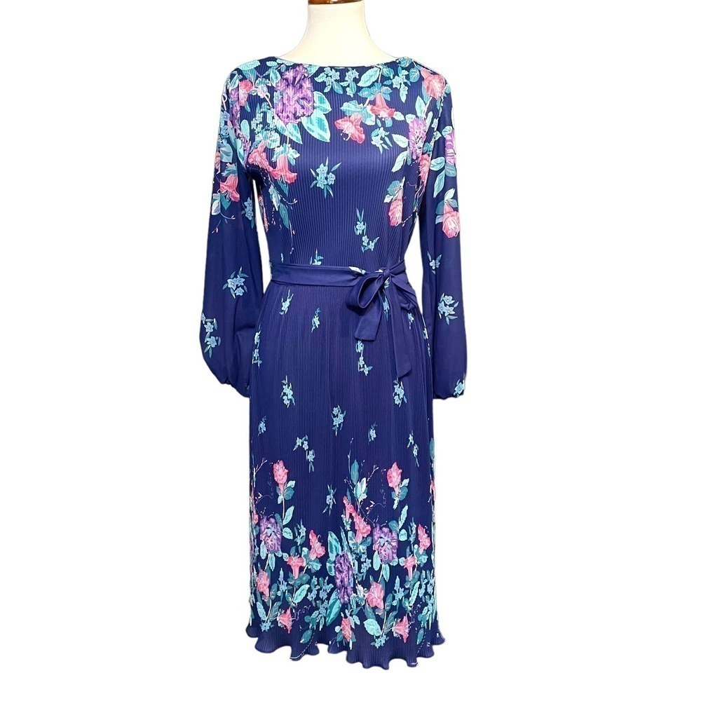 Vintage TF Women's Royal Purple Floral Fortuny Pleat Dress Waist Tie Size 12